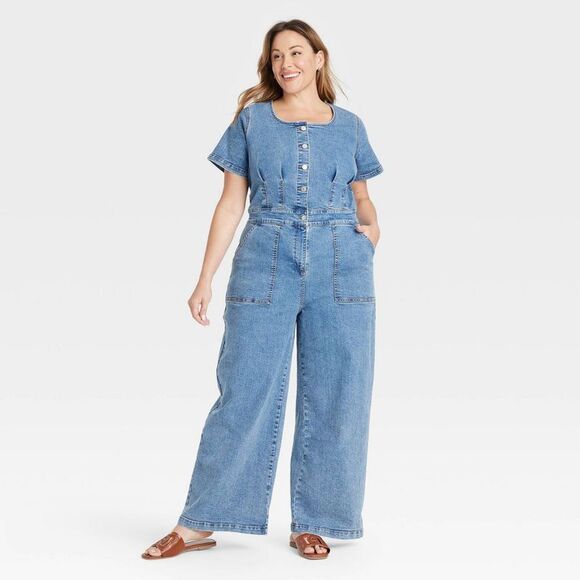 Ava & Viv - Women's Short Sleeve Button-Front Jumpsuit - Ava & Medium Wash - Picture 1 of 3